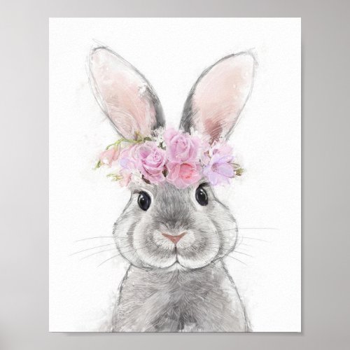 Grey Rabbit with Flower Crown Portrait Poster