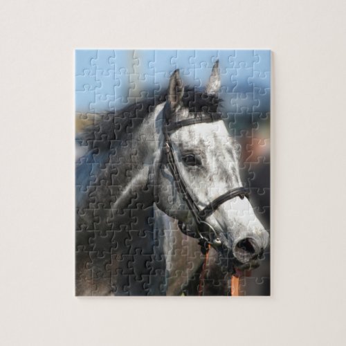 Grey Race Horse Racing Portrait  sports photo Jigsaw Puzzle