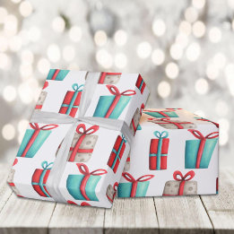 Grey, Red and Turquoise Presents Patterned Wrapping Paper