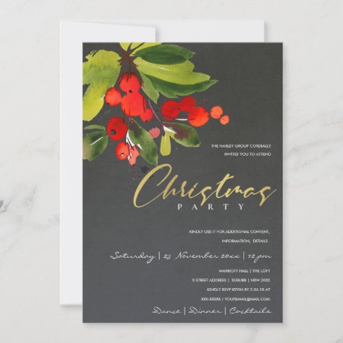 GREY RED BERRY CORPORATE HOLIDAY CHRISTMAS PARTY INVITATION