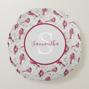 Grey Red Cardinal Birds Personalized Monogram Round Pillow