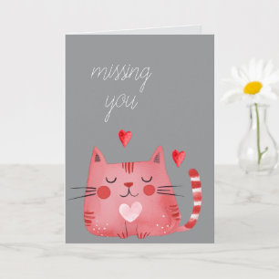 Grey Red Cat Hearts Missing You  Card