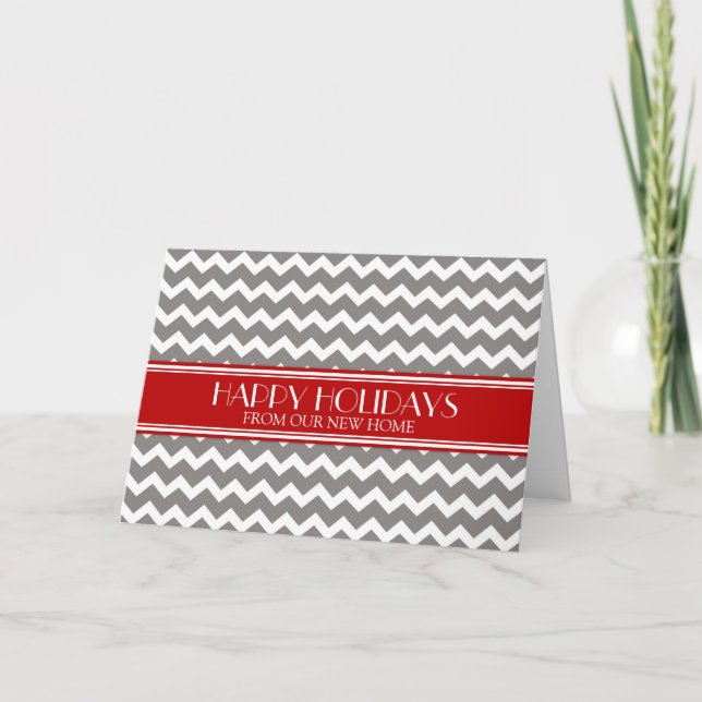 Grey Red Chevron Christmas New Address Holiday Card (Front)