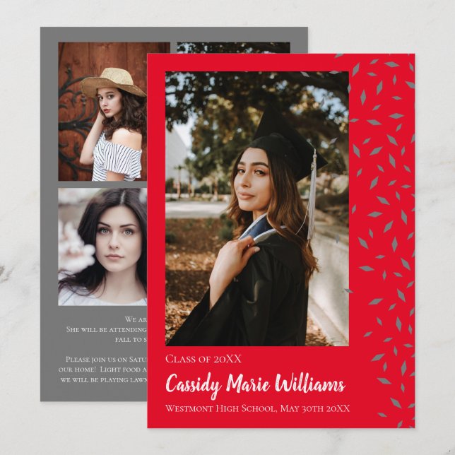 Grey Red Confetti Graduation Announcement (Front/Back)