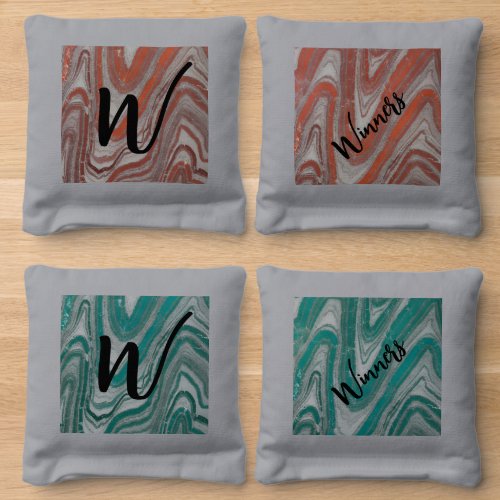 Grey Red Gray Teal Aqua Stone Abstract Cornhole Bags