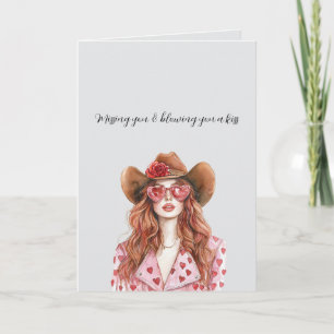 Grey Red Head Lady Cowgirl Blowing You A Kiss Card