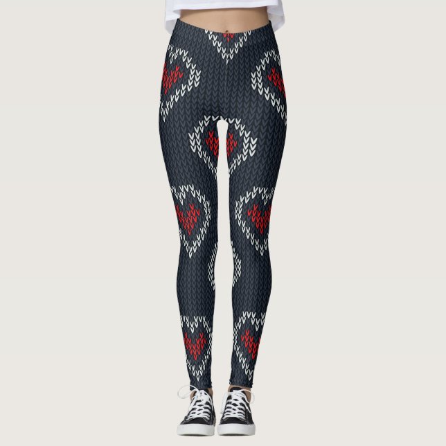 Grey/Red Heart Knit Women's Leggings (Front)