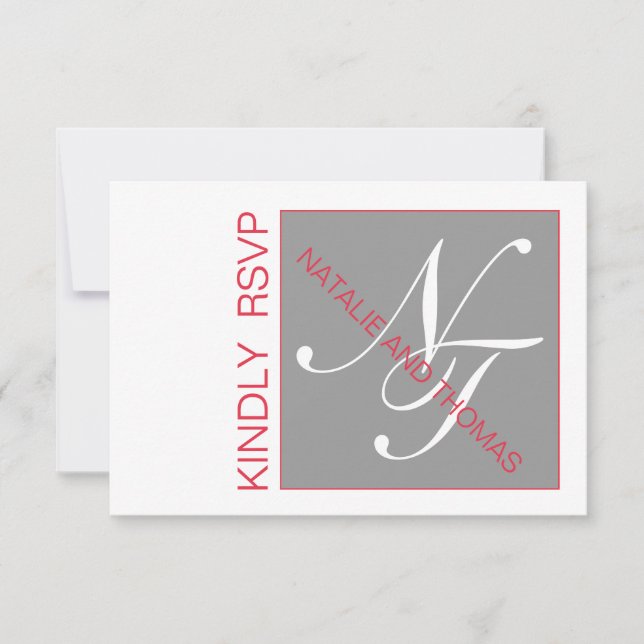 GREY RED INITIALS INTERTWINED WEDDING RSVP (Front)