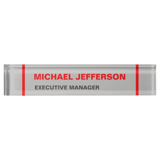 Grey red minimalist modern contemporary desk name plate (Front)