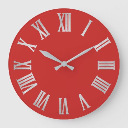 Grey Red Silver Metallic Gray Roman Numbers Large Clock
