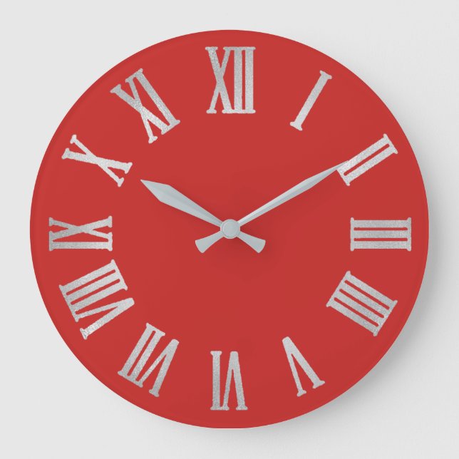 Grey Red Silver Metallic Gray Roman Numbers Large Clock (Front)
