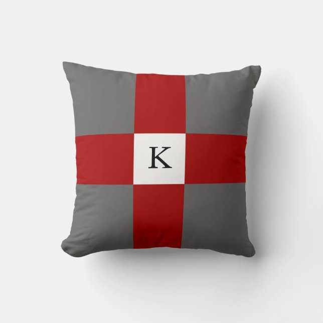 Grey Red White Cross Pattern & Custom Monogram Throw Pillow (Front)