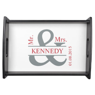 Grey Red White Newly Weds Custom Monogram Serving Tray