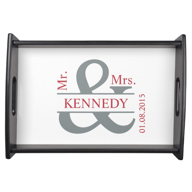 Grey Red White Newly Weds Custom Monogram Serving Tray (Front)