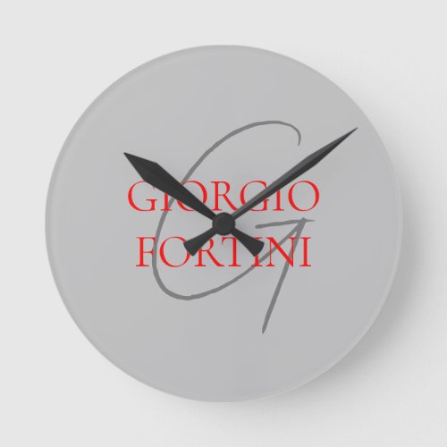 Grey Red Your Name Initial Monogram Modern Round Clock