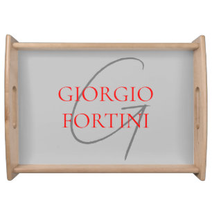 Grey Red Your Name Initial Monogram Modern Serving Tray