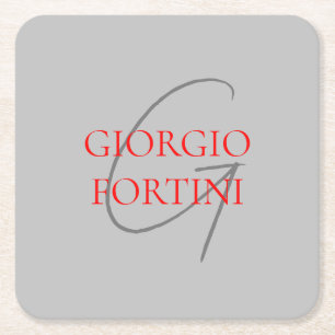 Grey Red Your Name Initial Monogram Modern Square Paper Coaster