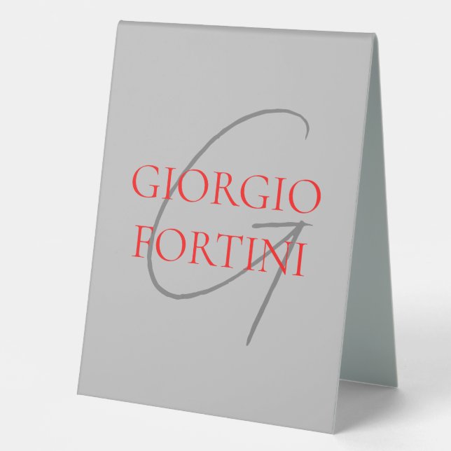 Grey Red Your Name Initial Monogram Modern Table Tent (Front)