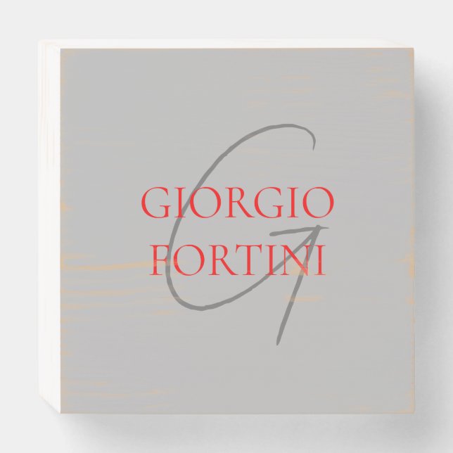 Grey Red Your Name Initial Monogram Modern Wooden Box Sign (Front Horizontal)