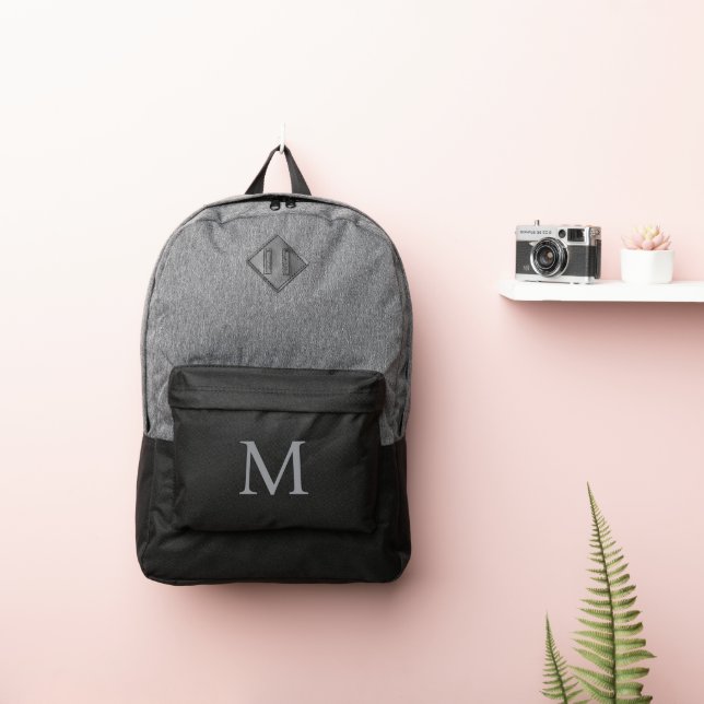 Grey Retro and Black Backpack with Custom Monogram (Insitu)