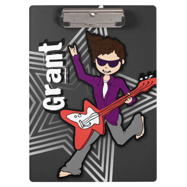 Grey rockstar guitar boy add your name clipboard (Front)