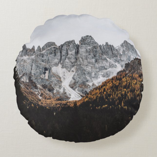 GREY ROCKY MOUNTAIN WITH TREES BELOW DAYTIME ROUND PILLOW (Front)