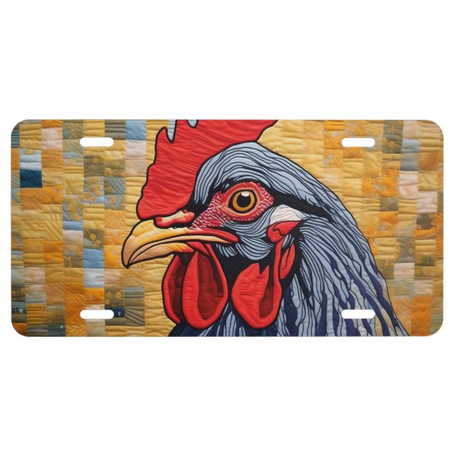 GREY ROOSTER CHICKEN FARM QUILT STYLE LICENSE PLATE (Front)