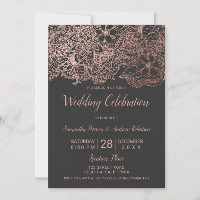 Grey rose gold floral typography chic wedding invitation (Front)