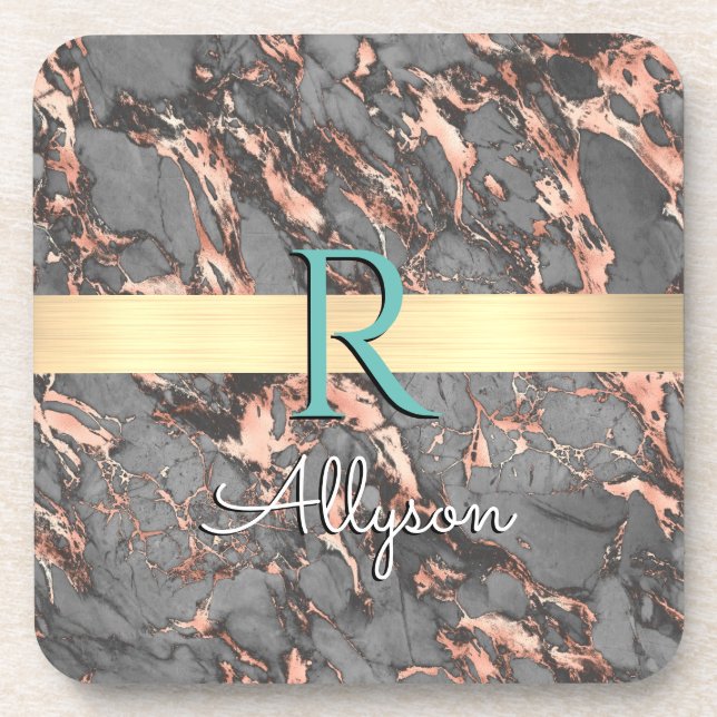 Grey & Rose Gold Marble, Gold Bar, Name & Monogram Beverage Coaster (Front)