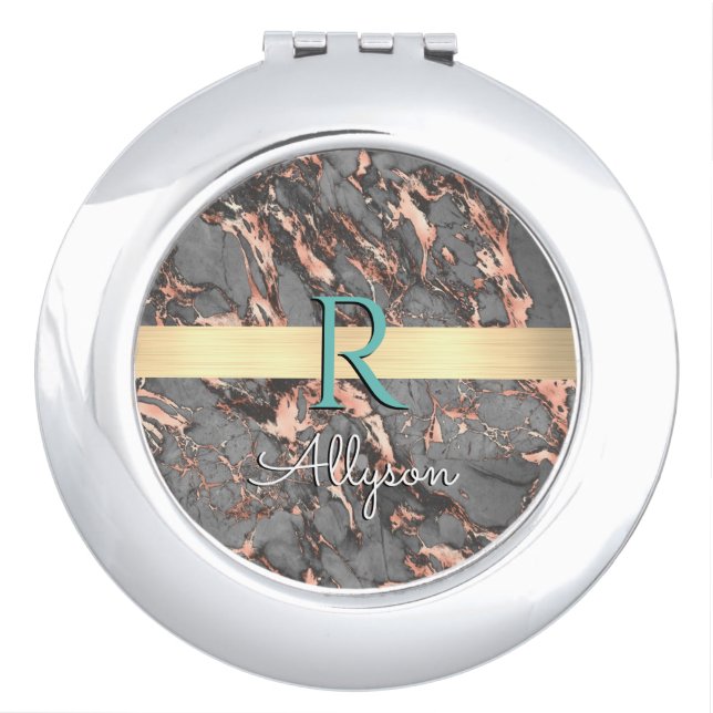 Grey & Rose Gold Marble, Gold Bar, Name & Monogram Compact Mirror (Front)