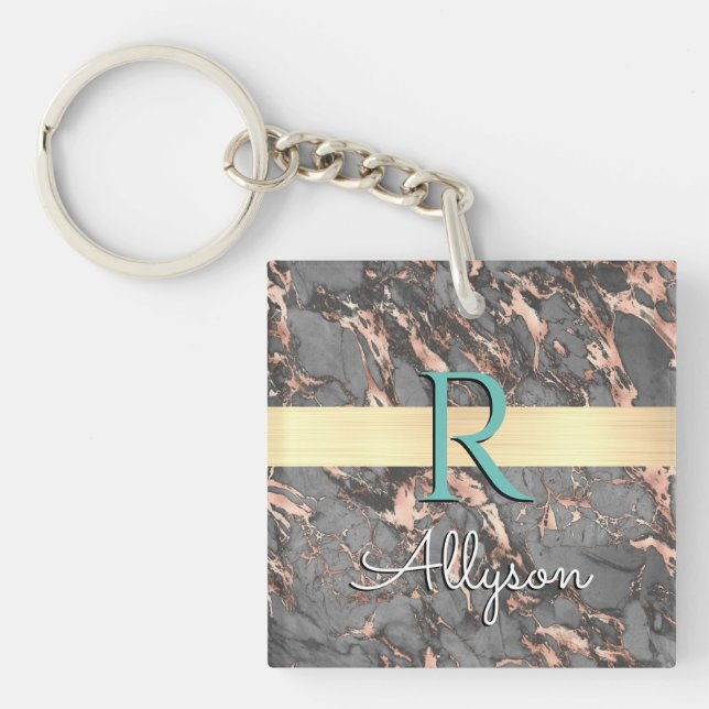 Grey & Rose Gold Marble, Gold Bar, Name & Monogram Keychain (Front)