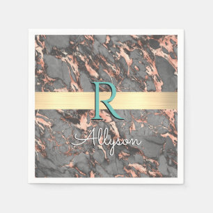 Grey & Rose Gold Marble, Gold Bar, Name & Monogram Napkins