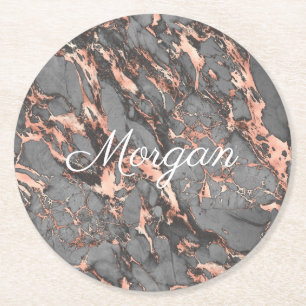 Grey & Rose Gold Marble, White Script Name Round Paper Coaster