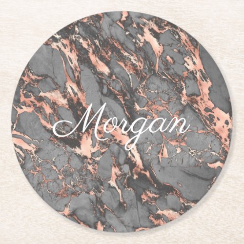 Grey  Rose Gold Marble White Script Name Round Paper Coaster