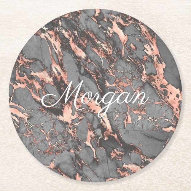 Grey & Rose Gold Marble, White Script Name Round Paper Coaster (Front)