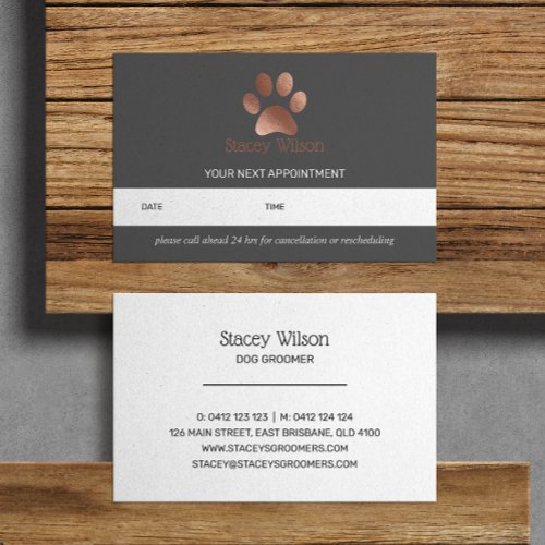 Grey Rose Gold Paw Print Logo Appointment Card