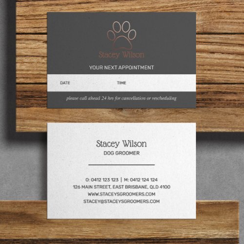 Grey Rose Gold Paw Print Logo Appointment Card