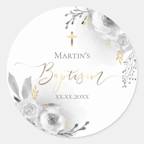 grey roses baptism  classic round sticker