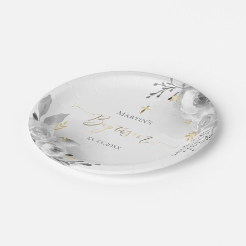 grey roses baptism  paper plate