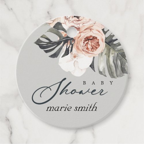 GREY RUST BLUSH MONSTERA FLORAL BABY SHOWER FAVOR TAGS