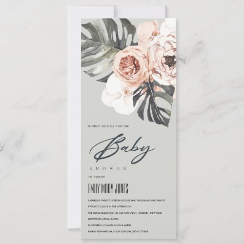 GREY RUST FLORAL MONSTERA LEAVES BABY SHOWER  INVITATION