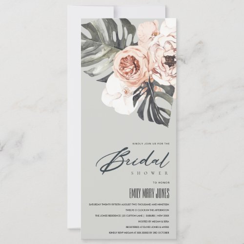 GREY RUST FLORAL MONSTERA LEAVES BRIDAL SHOWER INVITATION