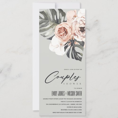 GREY RUST FLORAL MONSTERA LEAVES COUPLES SHOWER  INVITATION