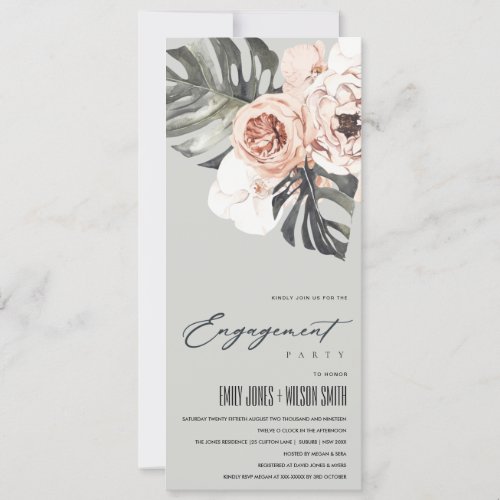 GREY RUST FLORAL MONSTERA WATERCOLOR ENGAGEMENT INVITATION