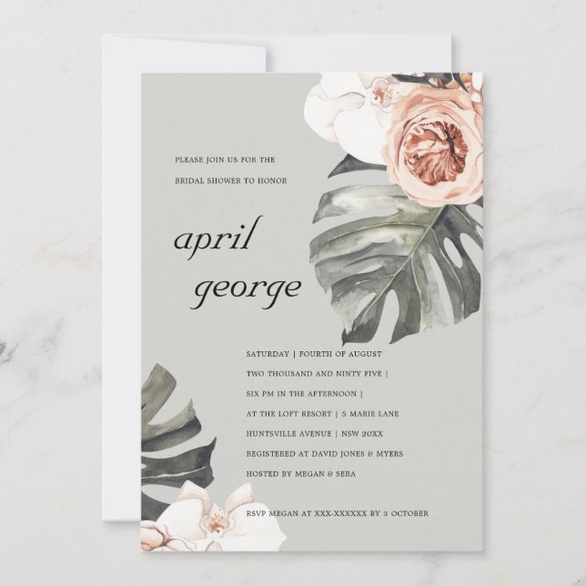 GREY RUST FLORAL MONSTRERA BRIDAL SHOWER INVITE (Front)