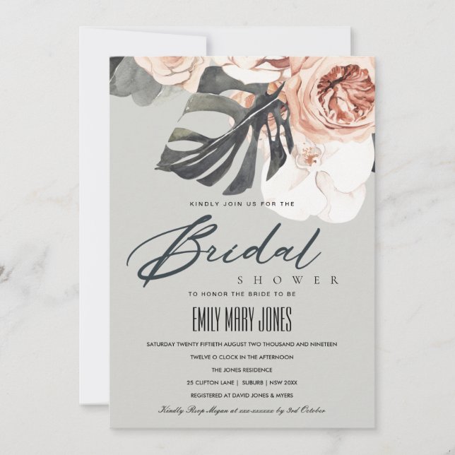 GREY RUST FLORAL MONSTRERA BRIDAL SHOWER INVITE (Front)