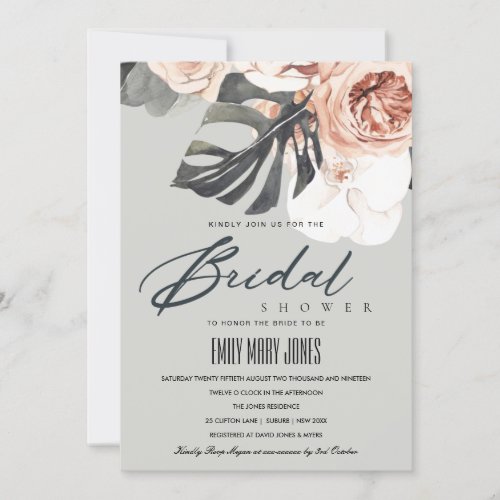 GREY RUST FLORAL MONSTRERA BRIDAL SHOWER INVITE