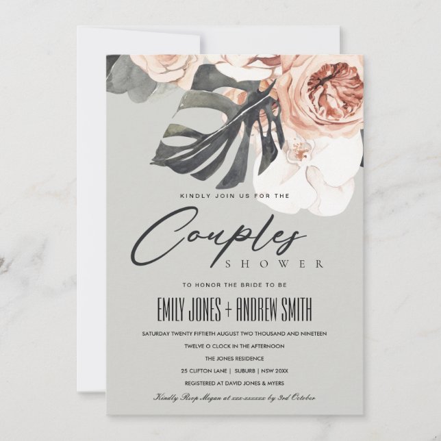 GREY RUST FLORAL MONSTRERA COUPLES SHOWER INVITE (Front)