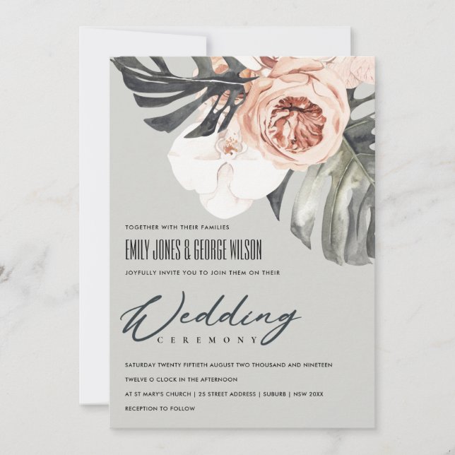 GREY RUST FLORAL MONSTRERA LEAF WEDDING INVITE (Front)