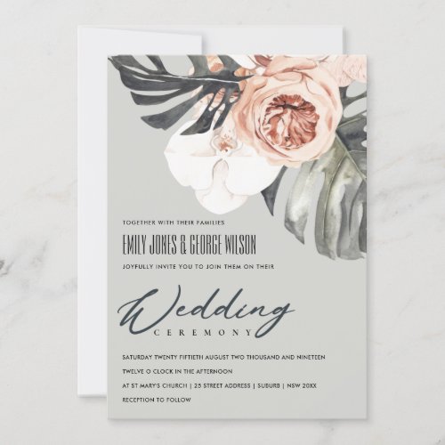 GREY RUST FLORAL MONSTRERA LEAF WEDDING INVITE